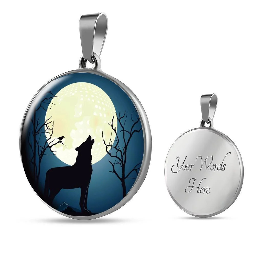 Wolf Circle Necklace Howling At The Moon NightCircle Pendant Necklace Stainless